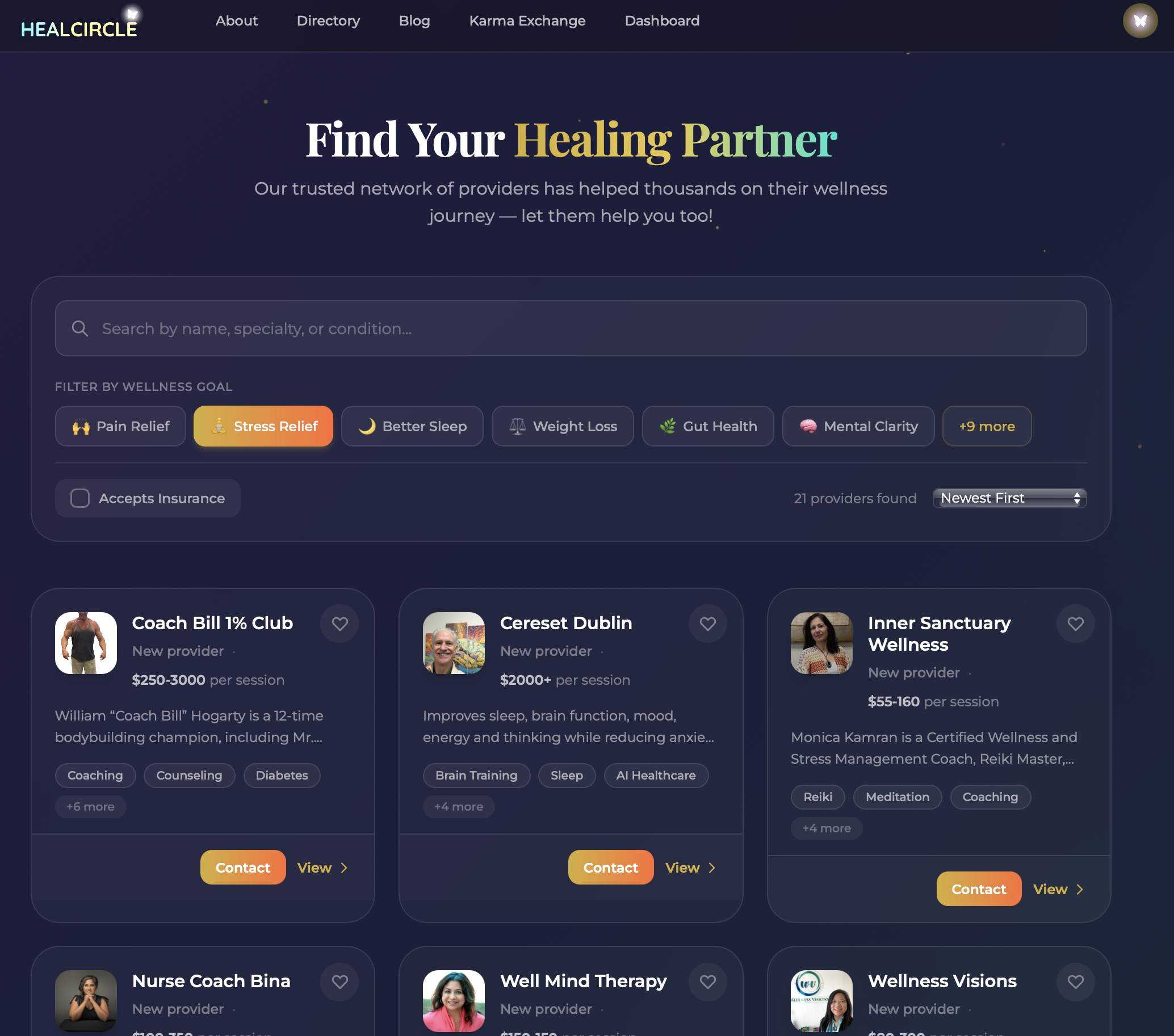HealCircle practitioner directory showing wellness goal filters, insurance toggle, and provider cards with modalities and pricing