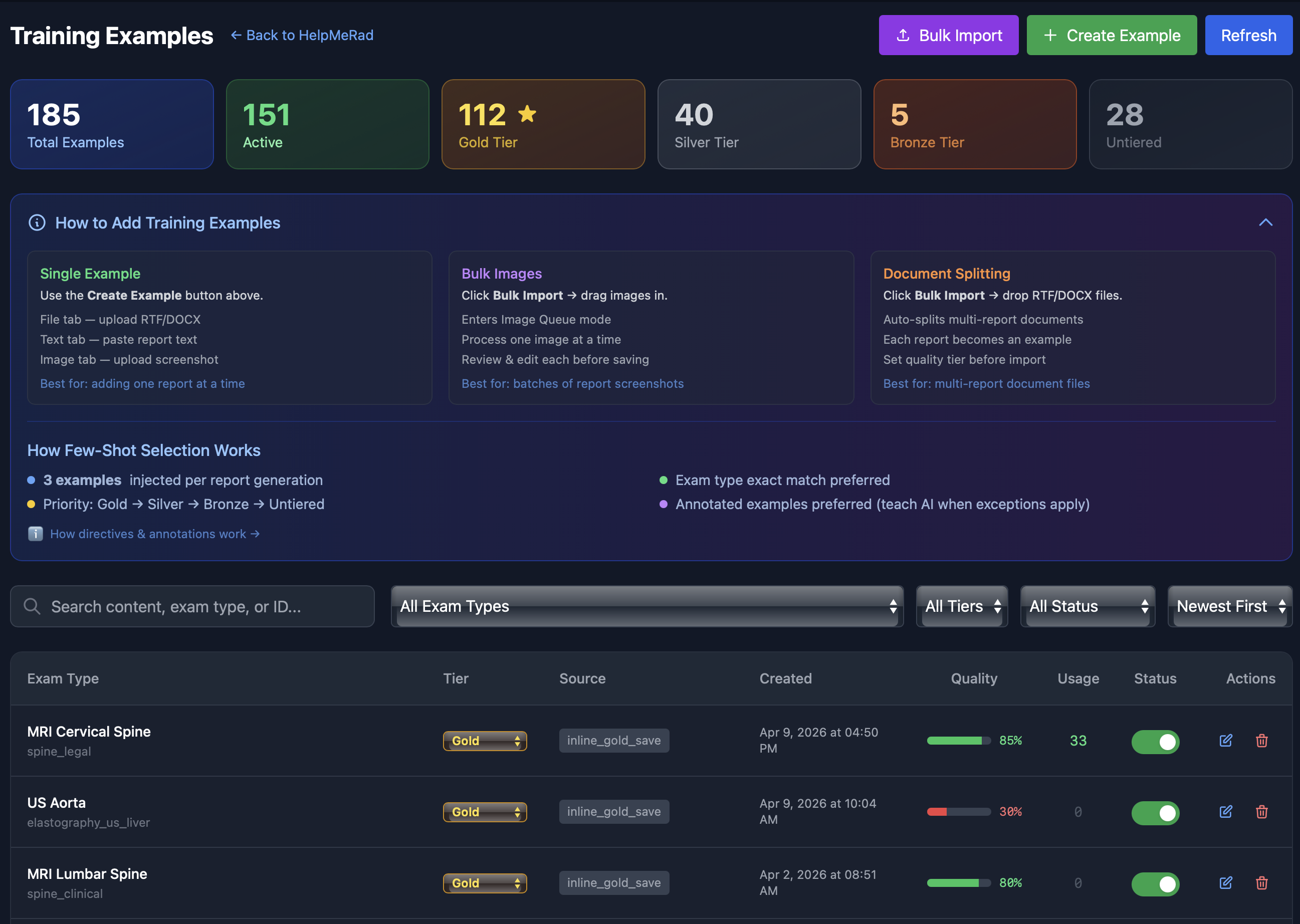 HelpMeRad Training Examples dashboard showing 185 examples across Gold, Silver, and Bronze quality tiers with few-shot selection logic and exam-type filtering